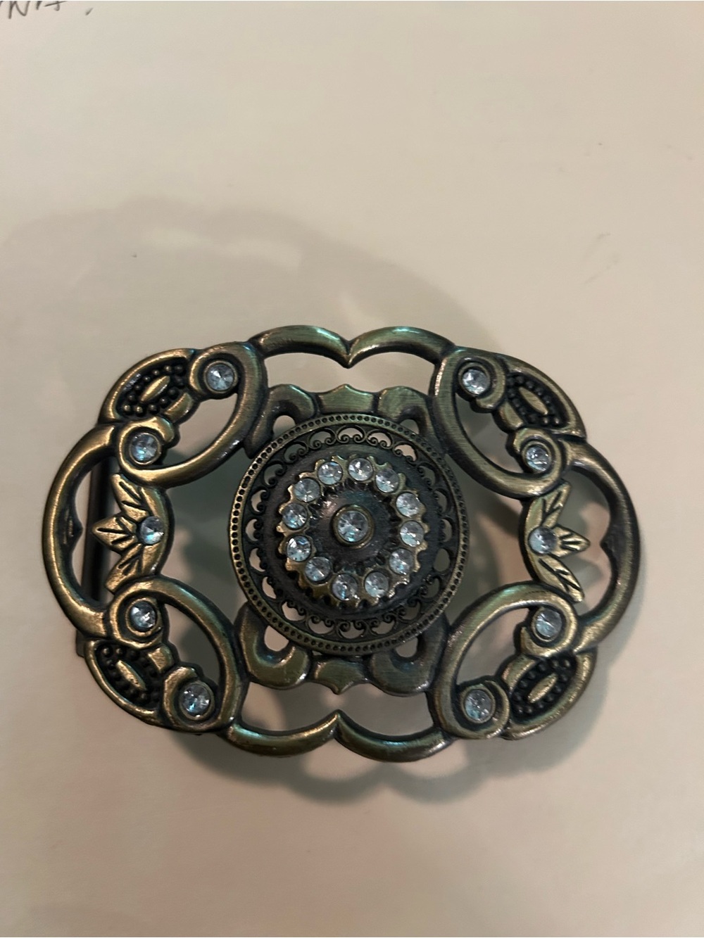 Vintage Brass-Tone Decorative Buckle with Clear Crystal Accents